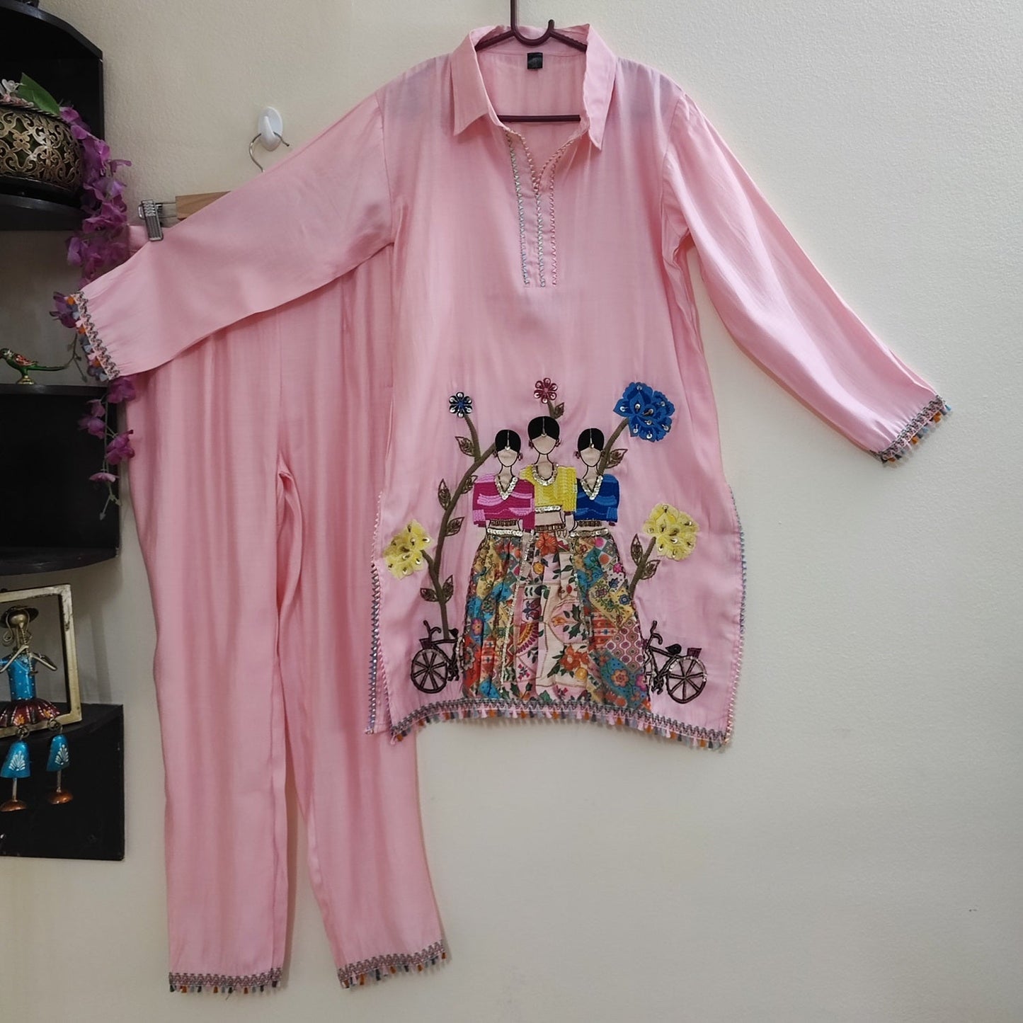 Pink of Co-ord set with doll embroidery. Designer pant and shirt set - Neel Creations By Saanvi