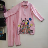 Pink of Co-ord set with doll embroidery. Designer pant and shirt set - Neel Creations By Saanvi