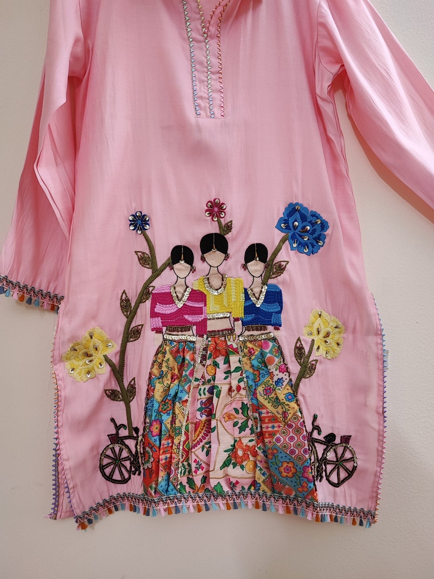 Pink of Co-ord set with doll embroidery. Designer pant and shirt set - Neel Creations By Saanvi