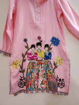 Pink of Co-ord set with doll embroidery. Designer pant and shirt set - Neel Creations By Saanvi