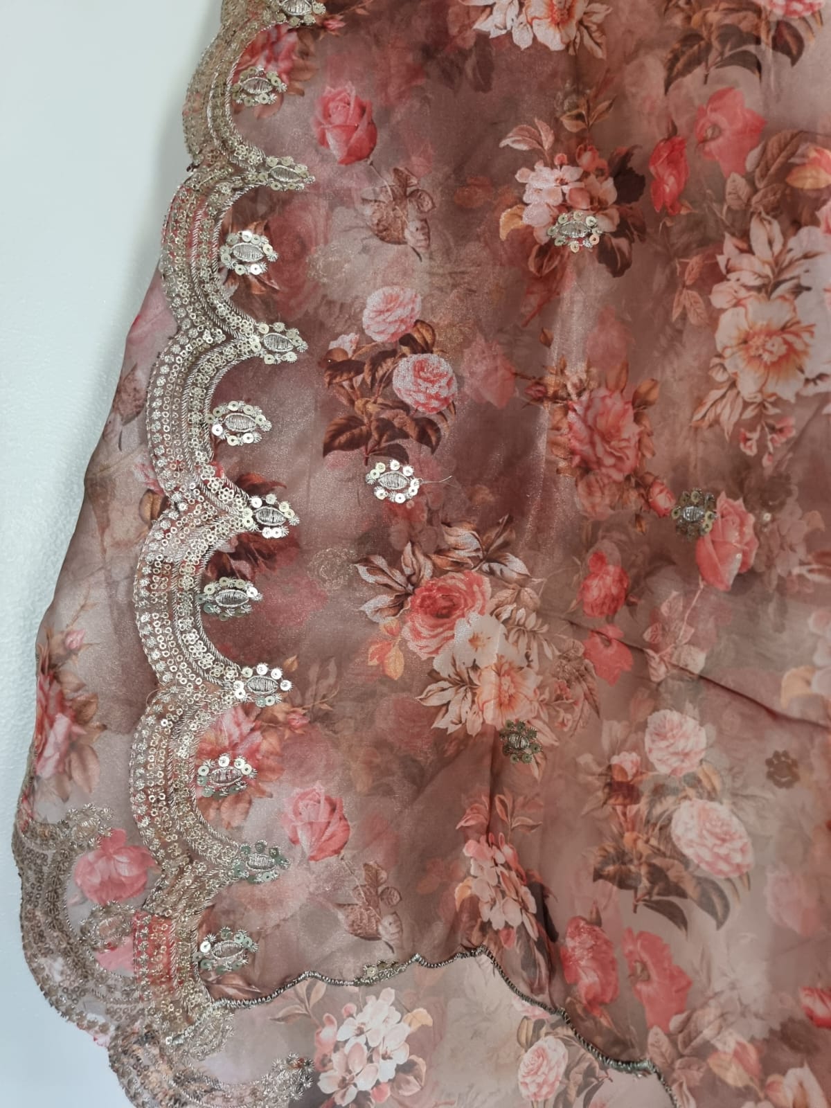 Printed Brown organza floral dupatta with light gold scallop embroidery border. Indian dupatta for women - Neel Creations By Saanvi