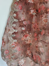 Printed Brown organza floral dupatta with light gold scallop embroidery border. Indian dupatta for women - Neel Creations By Saanvi