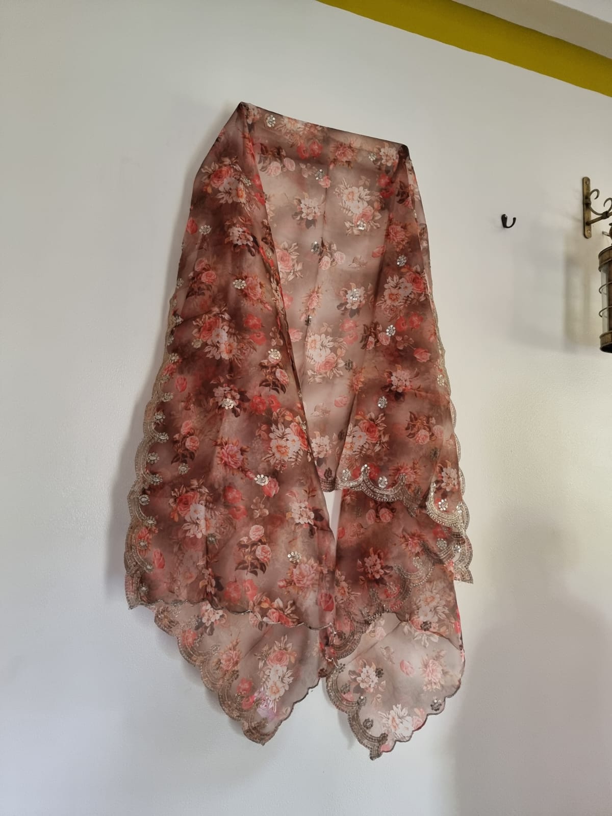 Printed Brown organza floral dupatta with light gold scallop embroidery border. Indian dupatta for women - Neel Creations By Saanvi