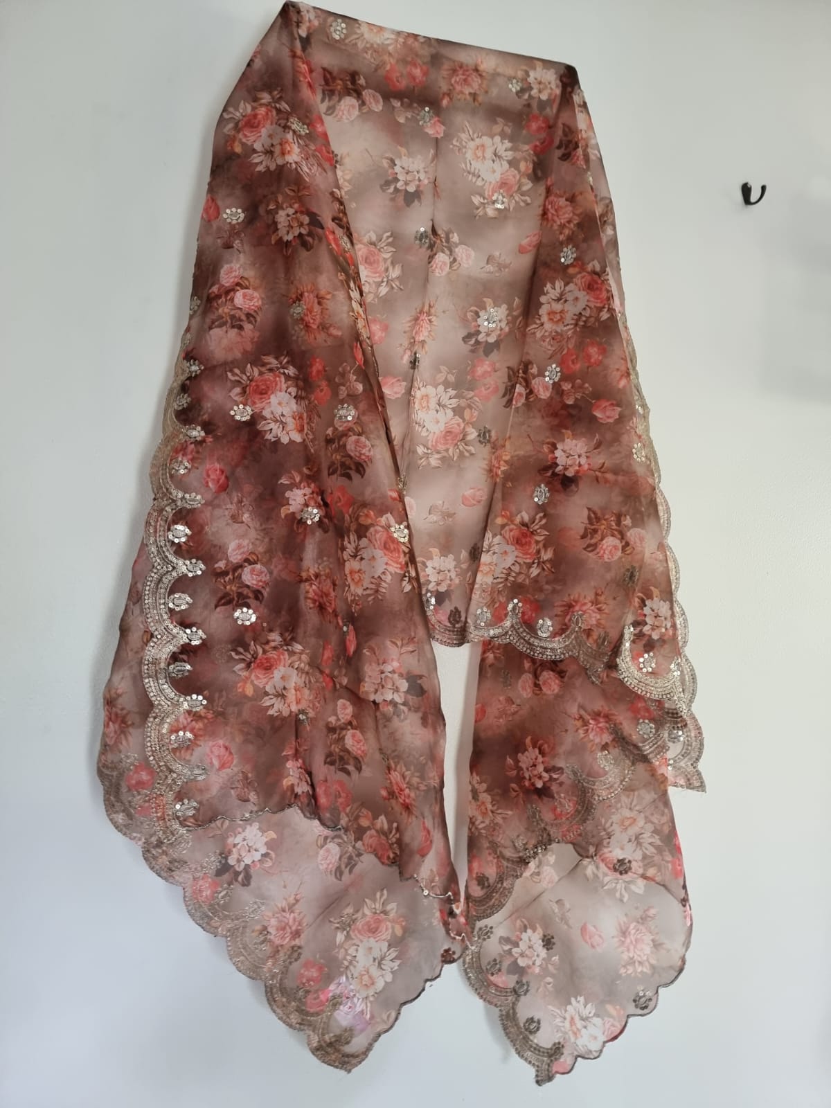 Printed Brown organza floral dupatta with light gold scallop embroidery border. Indian dupatta for women - Neel Creations By Saanvi