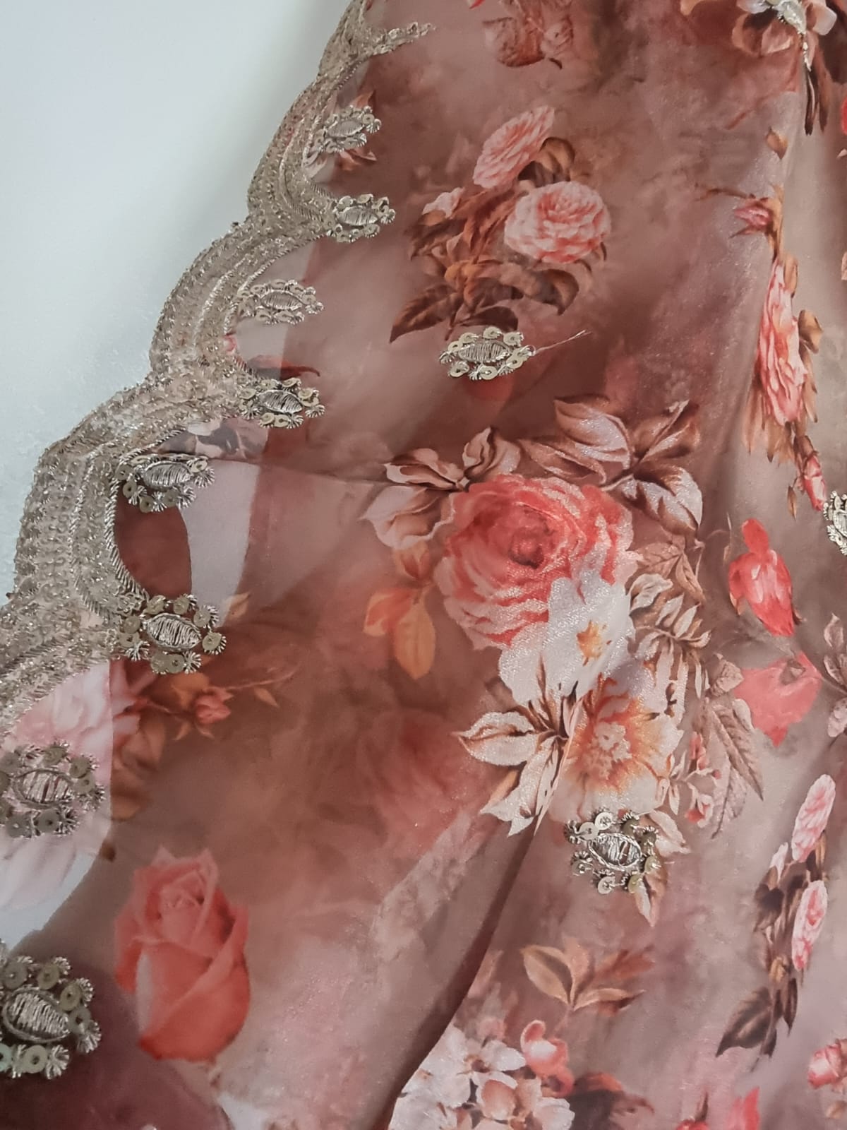 Printed Brown organza floral dupatta with light gold scallop embroidery border. Indian dupatta for women - Neel Creations By Saanvi