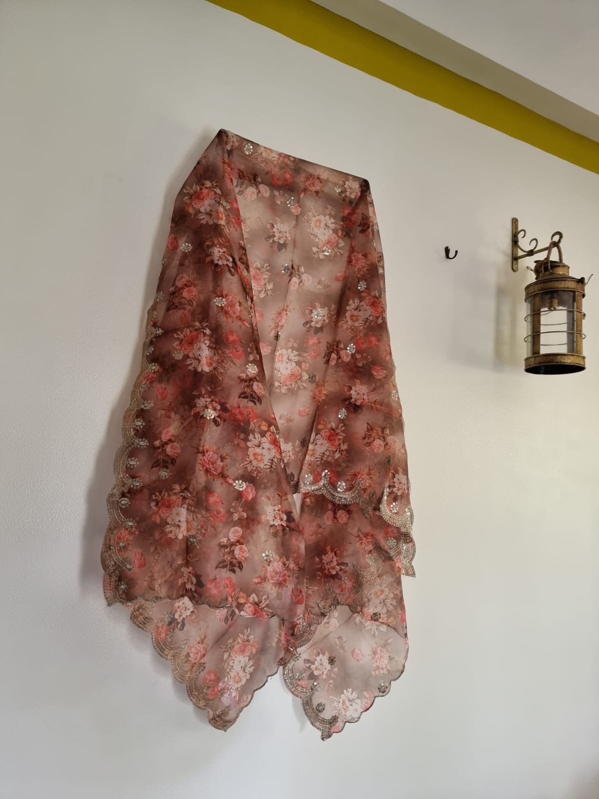 Printed Brown organza floral dupatta with light gold scallop embroidery border. Indian dupatta for women - Neel Creations By Saanvi