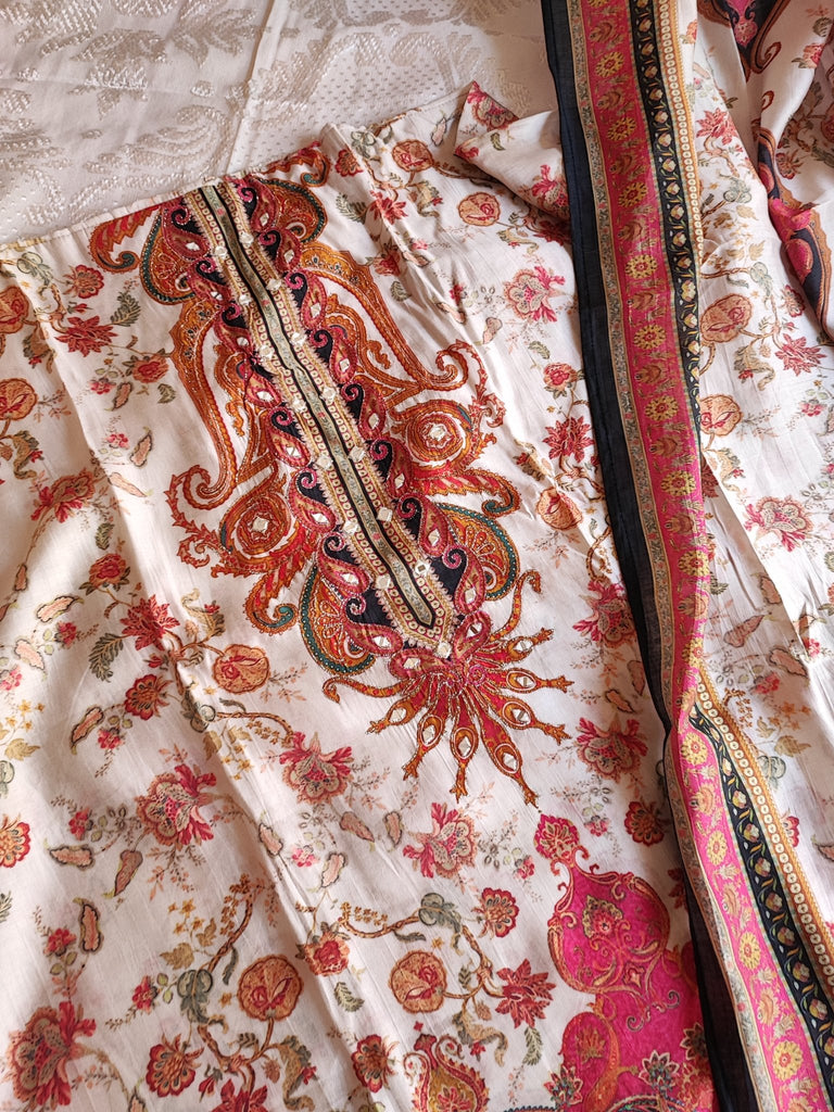 Pure Maheshwari Silk Embroidered yoke kurta semi stitched suit with digital print. - Neel Creations By Saanvi