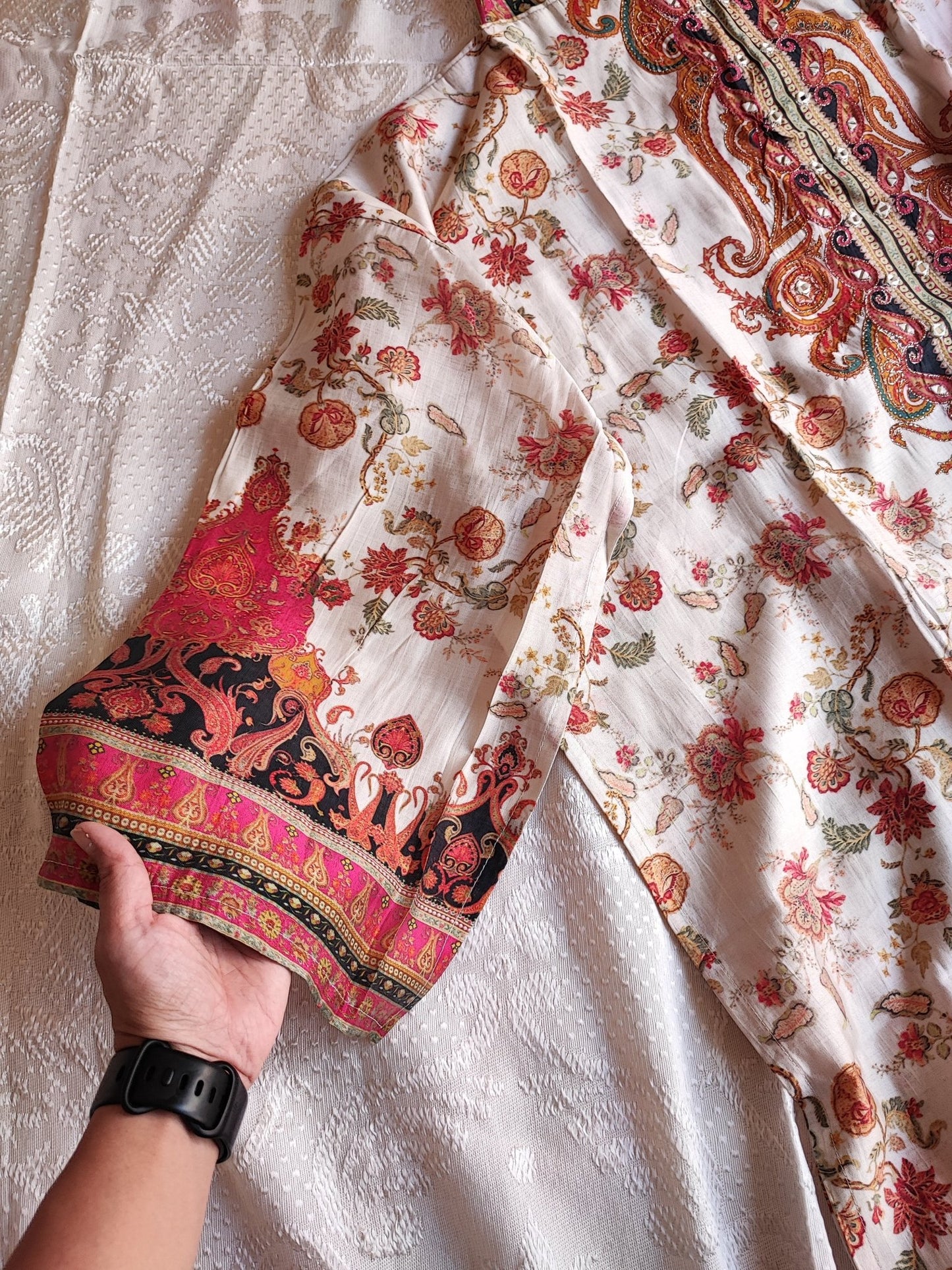 Pure Maheshwari Silk Embroidered yoke kurta semi stitched suit with digital print. - Neel Creations By Saanvi