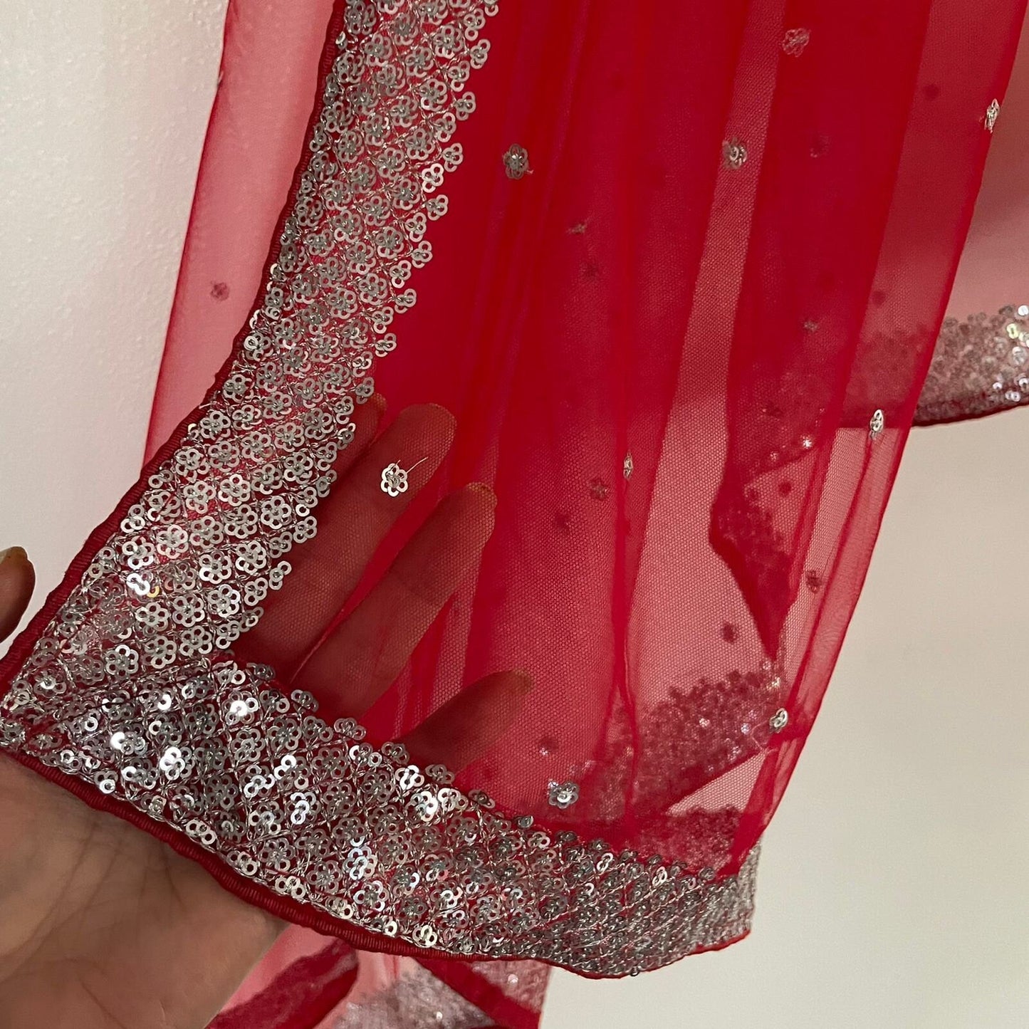 Red bridal dupatta Silver sequin motifs on net. Indian dupatta. Bridal Red Net dupatta with silver border. - Neel Creations By Saanvi