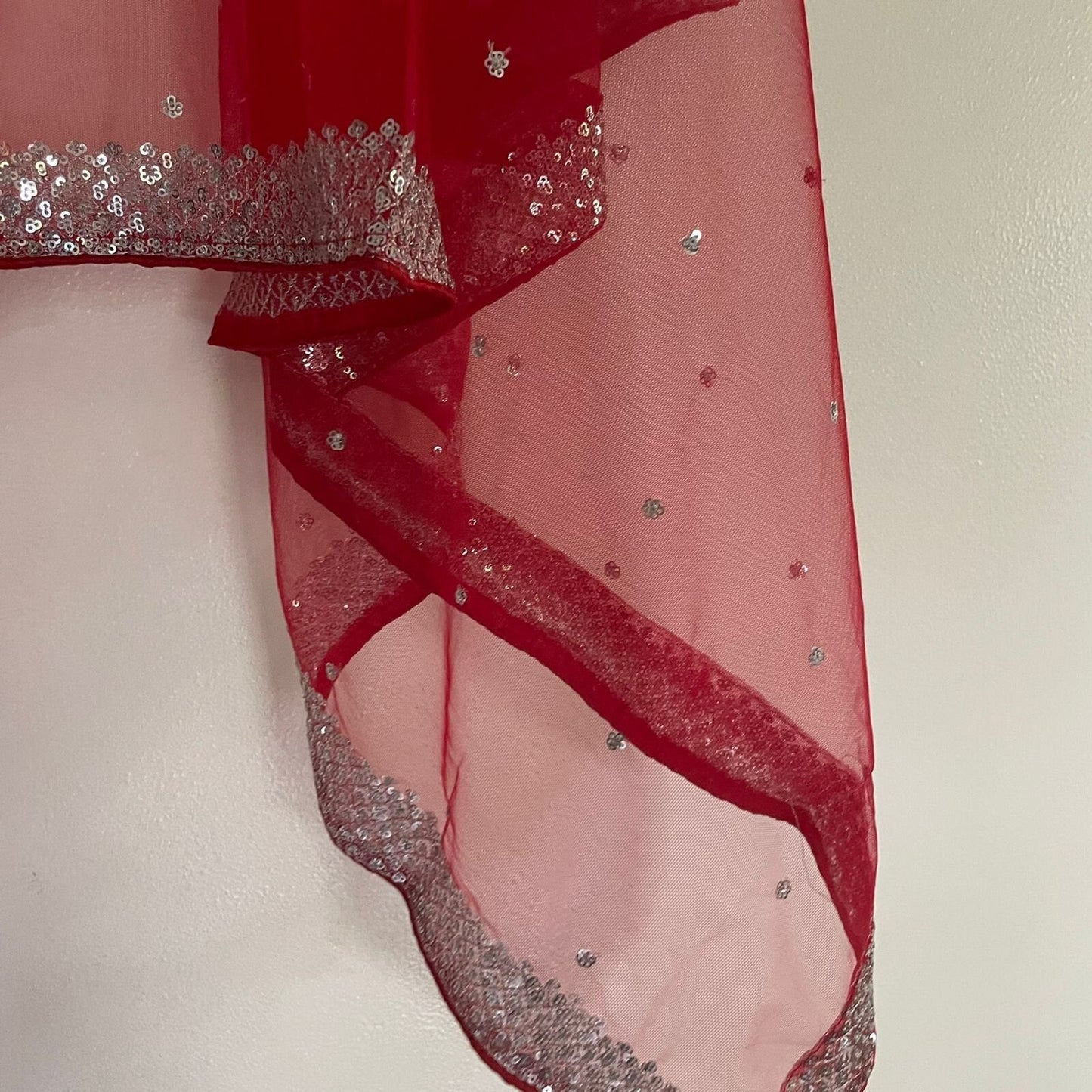 Red bridal dupatta Silver sequin motifs on net. Indian dupatta. Bridal Red Net dupatta with silver border. - Neel Creations By Saanvi