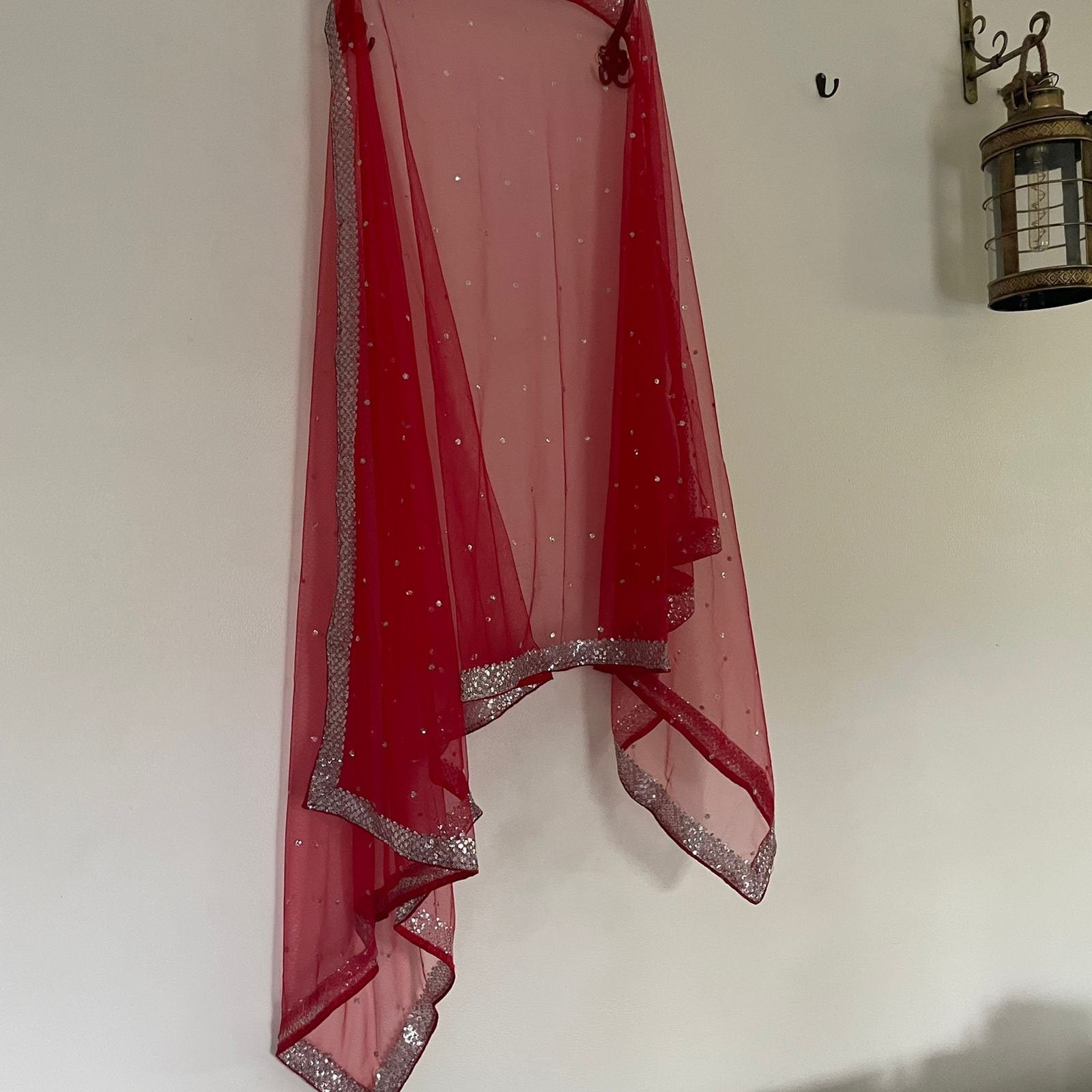 Red bridal dupatta Silver sequin motifs on net. Indian dupatta. Bridal Red Net dupatta with silver border. - Neel Creations By Saanvi