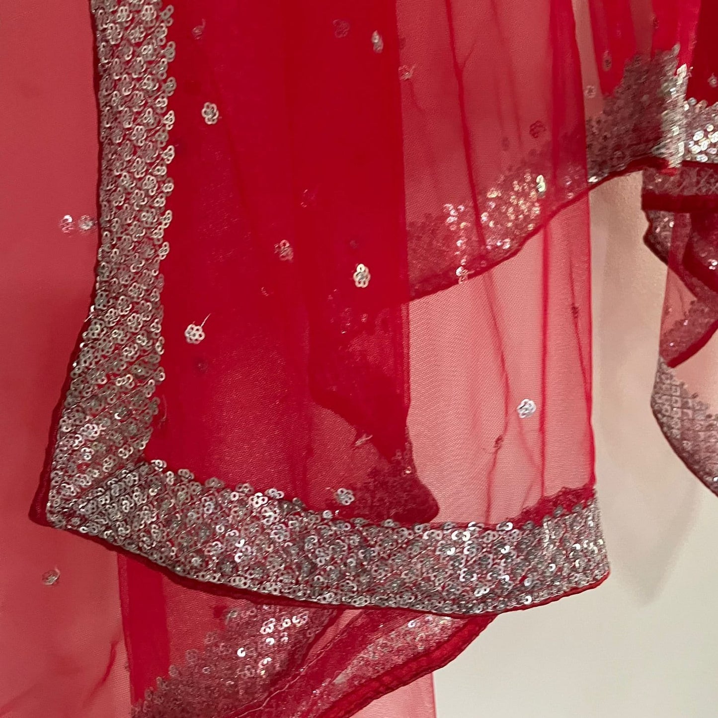 Red bridal dupatta Silver sequin motifs on net. Indian dupatta. Bridal Red Net dupatta with silver border. - Neel Creations By Saanvi