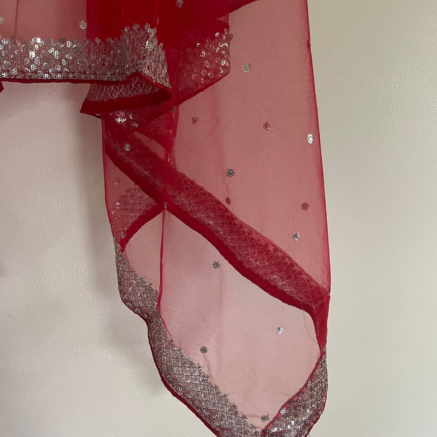 Red bridal dupatta Silver sequin motifs on net. Indian dupatta. Bridal Red Net dupatta with silver border. - Neel Creations By Saanvi