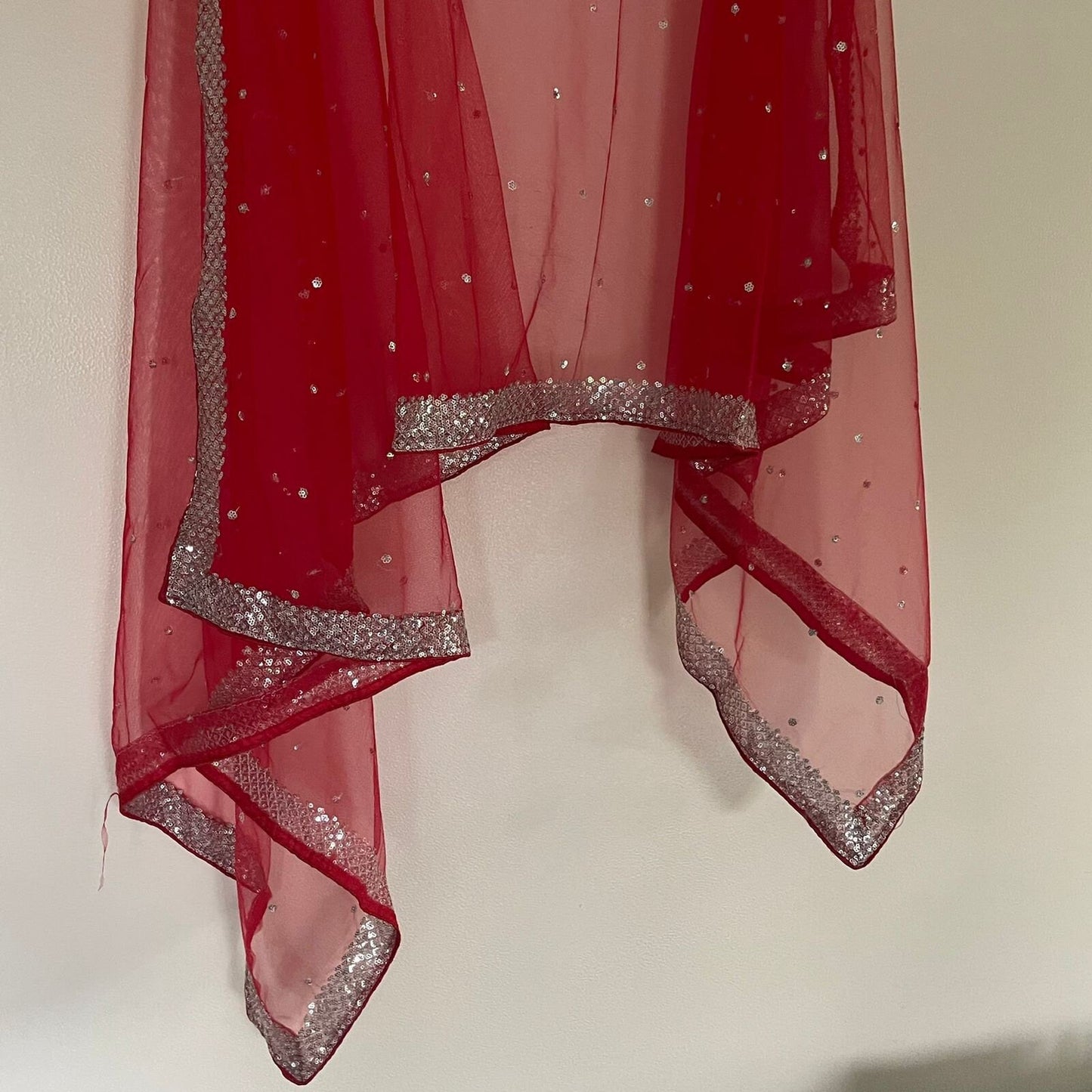 Red bridal dupatta Silver sequin motifs on net. Indian dupatta. Bridal Red Net dupatta with silver border. - Neel Creations By Saanvi