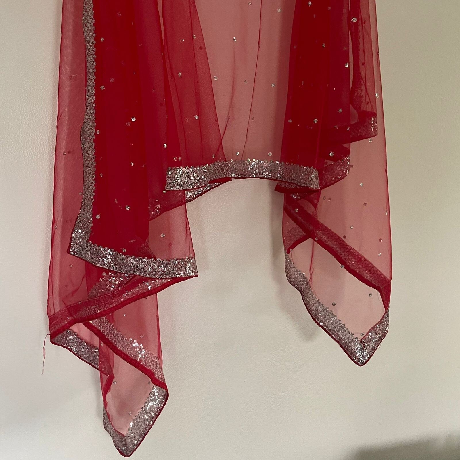 Red bridal dupatta Silver sequin motifs on net. Indian dupatta. Bridal Red Net dupatta with silver border. - Neel Creations By Saanvi