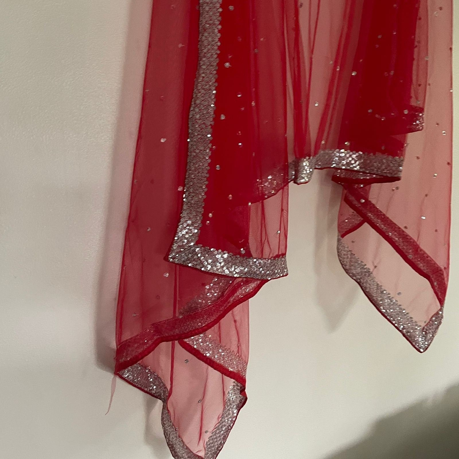 Red bridal dupatta Silver sequin motifs on net. Indian dupatta. Bridal Red Net dupatta with silver border. - Neel Creations By Saanvi