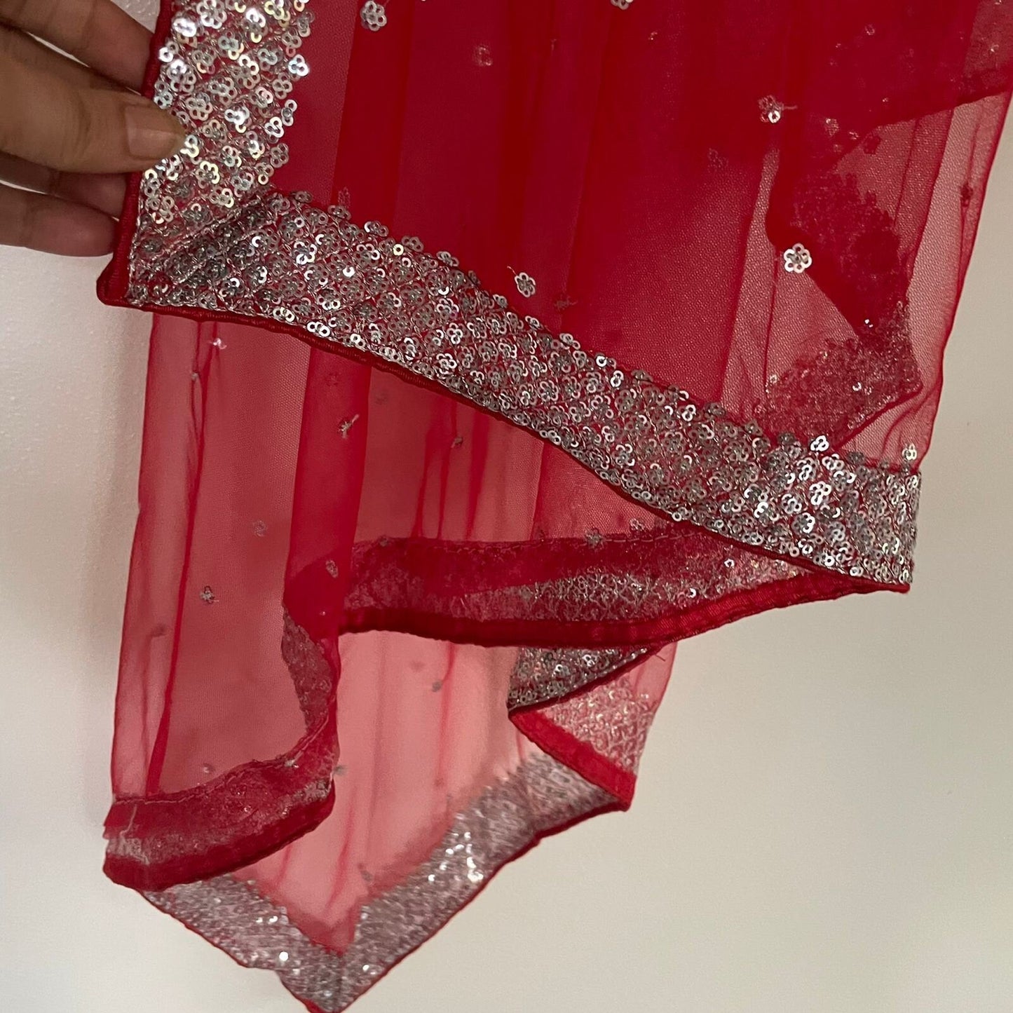 Red bridal dupatta Silver sequin motifs on net. Indian dupatta. Bridal Red Net dupatta with silver border. - Neel Creations By Saanvi