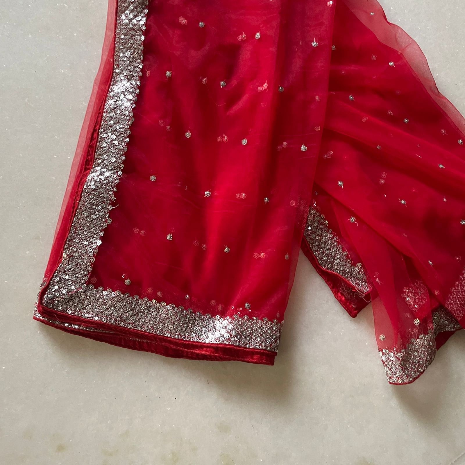 Red bridal dupatta Silver sequin motifs on net. Indian dupatta. Bridal Red Net dupatta with silver border. - Neel Creations By Saanvi