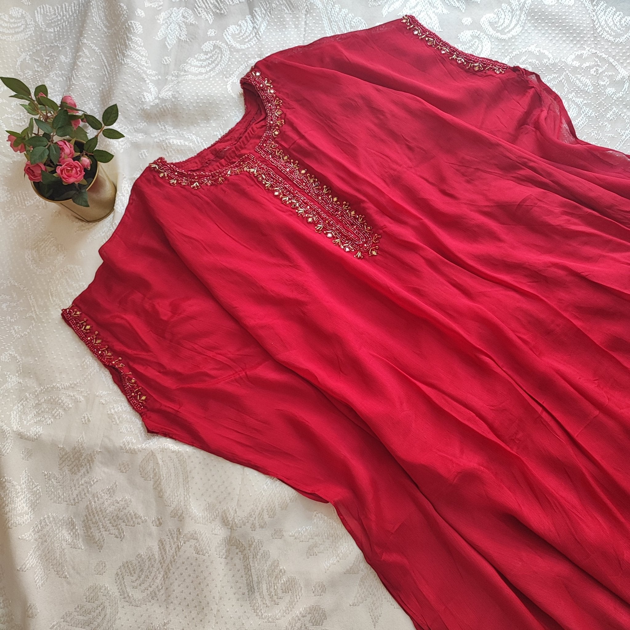 Red chinnon co-ord set kaftan style with pants. Partywear Co-ord set - Neel Creations By Saanvi