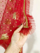 Red dupatta. Gold embroidery Indian net wedding veil dupatta - Neel Creations By Saanvi
