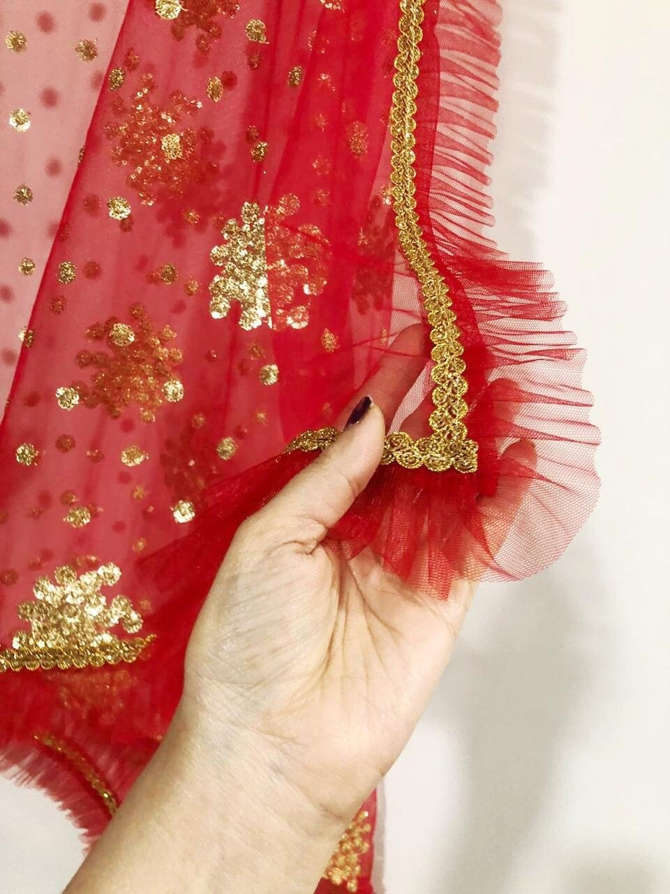 Red dupatta. Gold embroidery Indian net wedding veil dupatta - Neel Creations By Saanvi