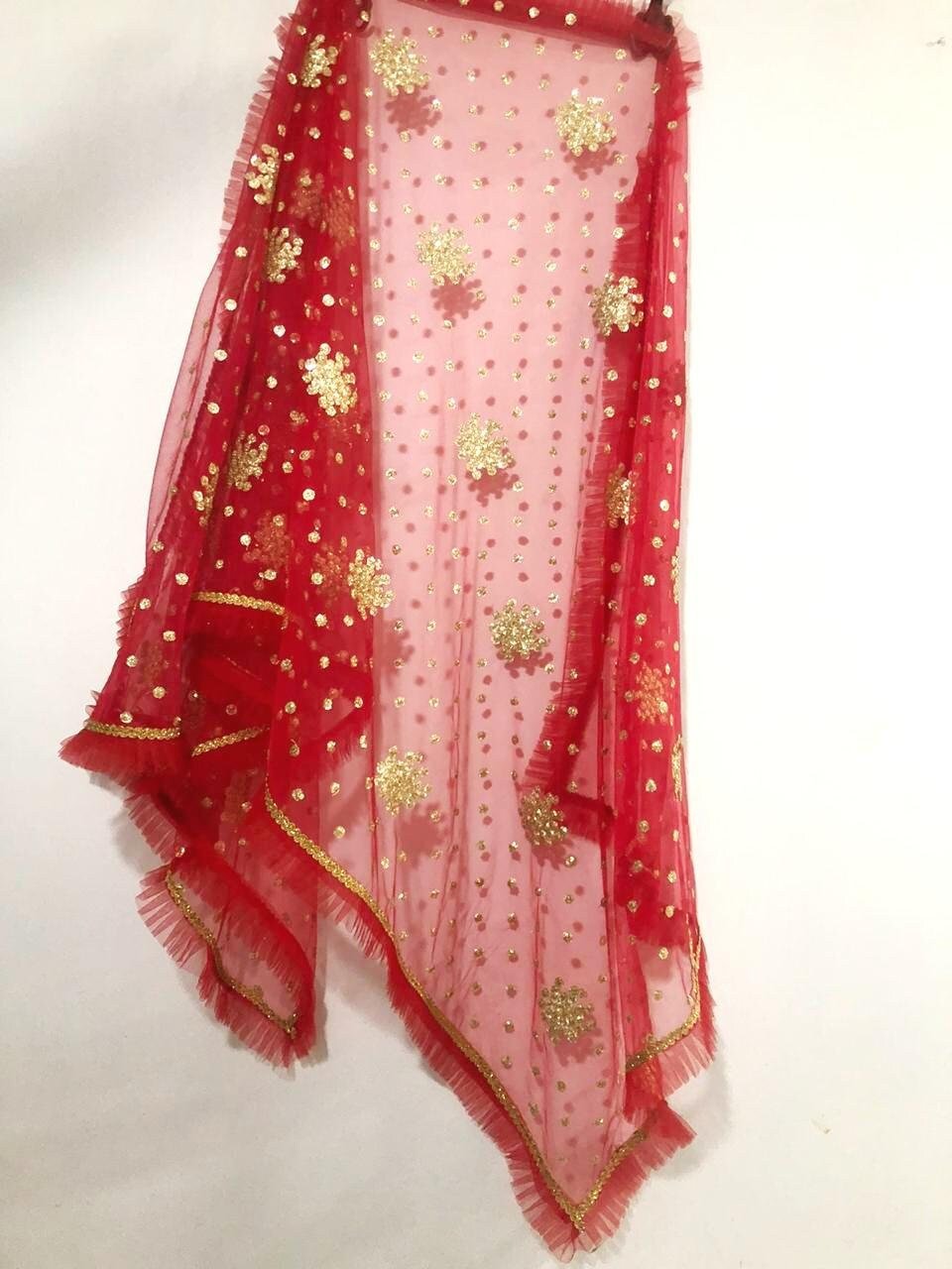 Red dupatta. Gold embroidery Indian net wedding veil dupatta - Neel Creations By Saanvi