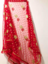 Red dupatta. Gold embroidery Indian net wedding veil dupatta - Neel Creations By Saanvi
