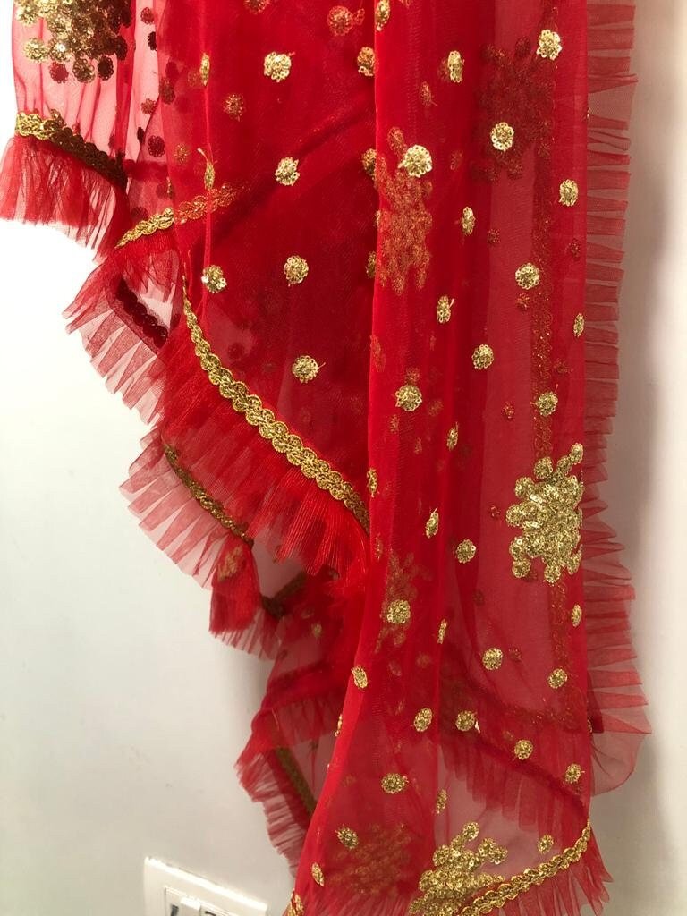 Red dupatta. Gold embroidery Indian net wedding veil dupatta - Neel Creations By Saanvi