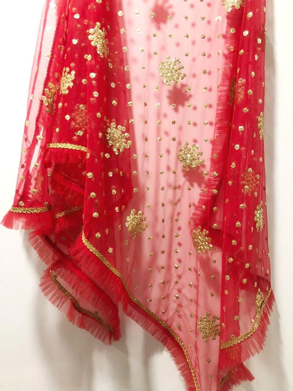 Red dupatta. Gold embroidery Indian net wedding veil dupatta - Neel Creations By Saanvi