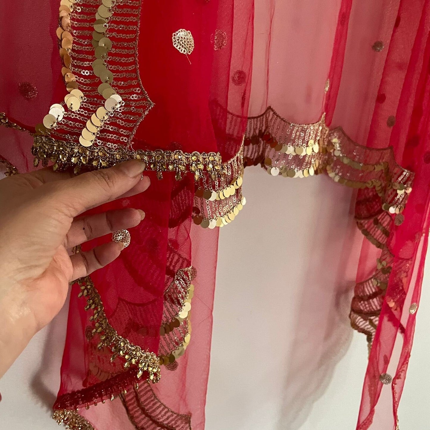 Red dupatta. Indian designer dupatta veil for wedding. Bridal red dupatta in net with sequin scallop border - Neel Creations By Saanvi