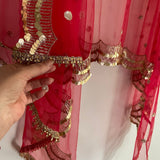 Red dupatta. Indian designer dupatta veil for wedding. Bridal red dupatta in net with sequin scallop border - Neel Creations By Saanvi