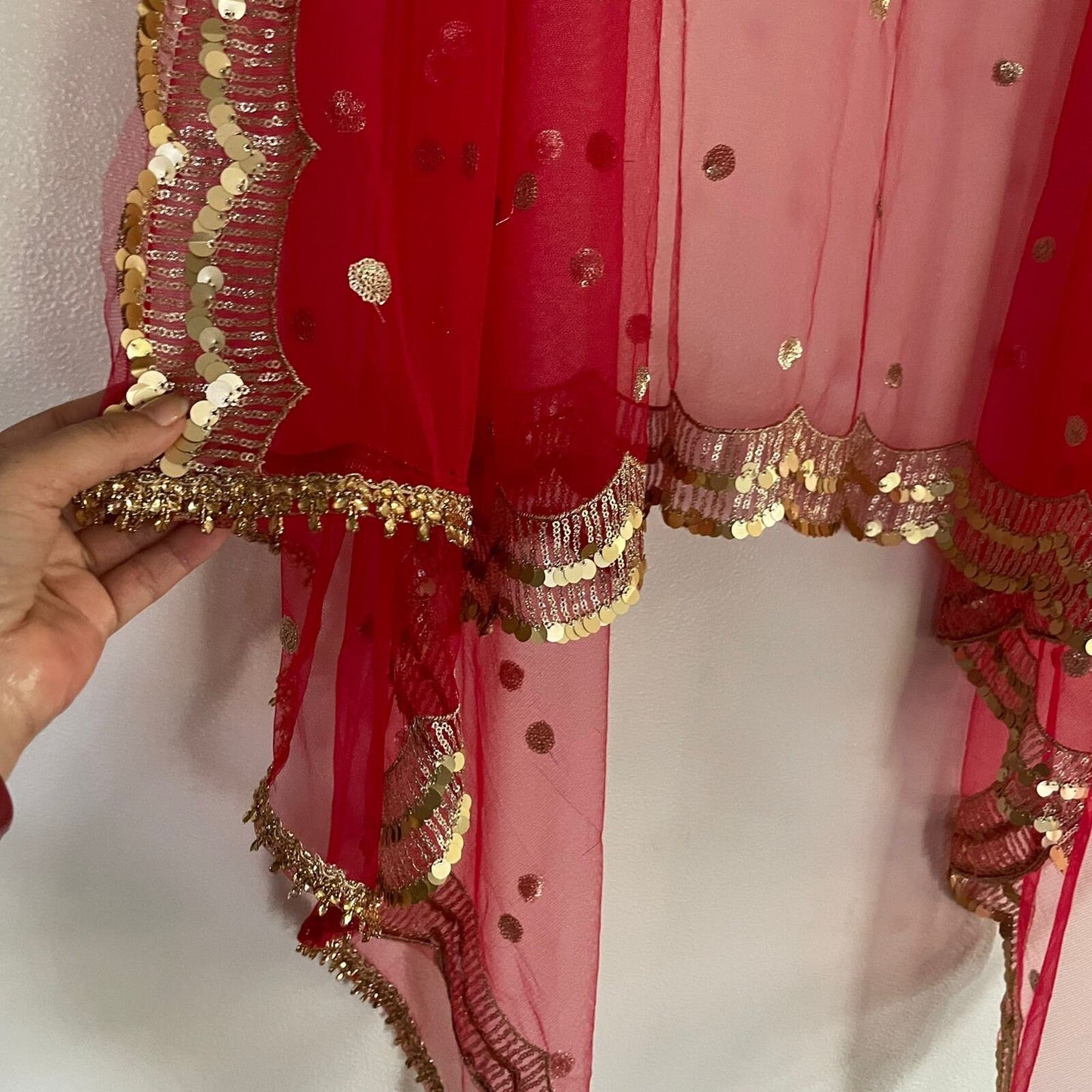 Red dupatta. Indian designer dupatta veil for wedding. Bridal red dupatta in net with sequin scallop border - Neel Creations By Saanvi