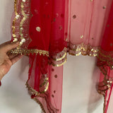 Red dupatta. Indian designer dupatta veil for wedding. Bridal red dupatta in net with sequin scallop border - Neel Creations By Saanvi