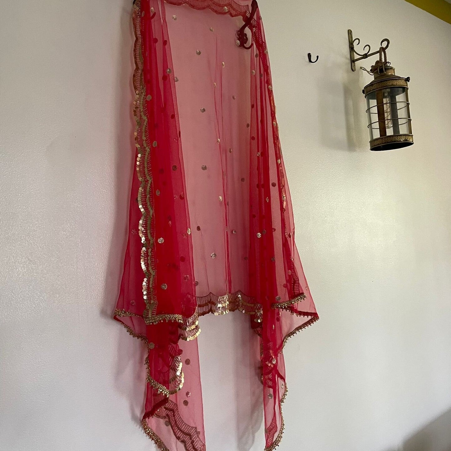 Red dupatta. Indian designer dupatta veil for wedding. Bridal red dupatta in net with sequin scallop border - Neel Creations By Saanvi