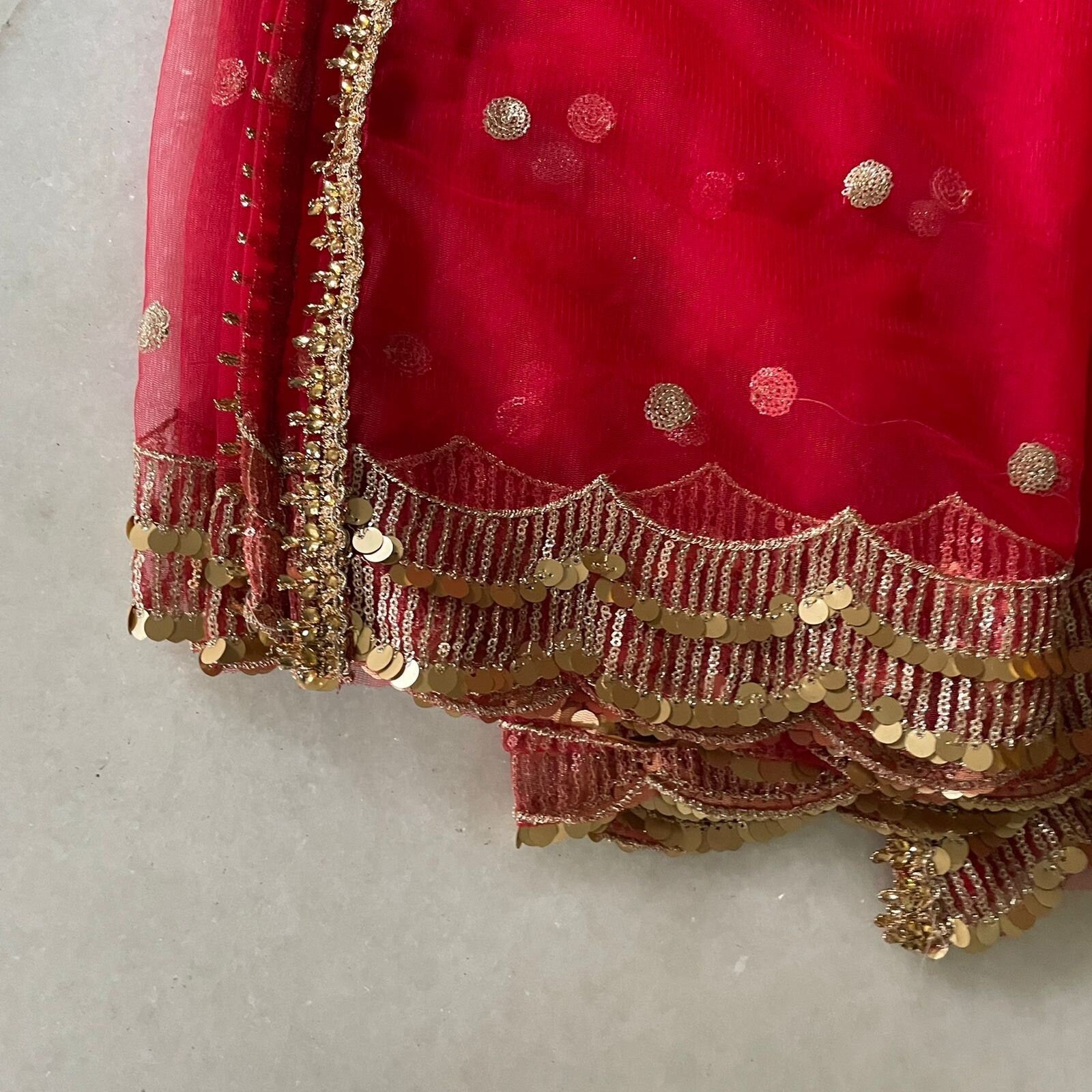 Red dupatta. Indian designer dupatta veil for wedding. Bridal red dupatta in net with sequin scallop border - Neel Creations By Saanvi