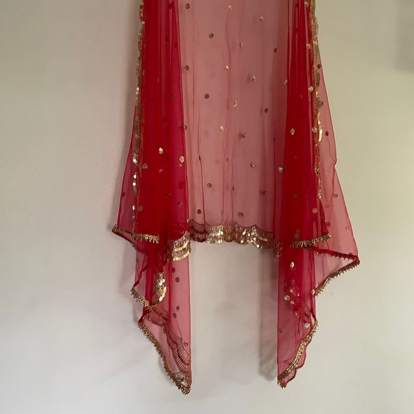 Red dupatta. Indian designer dupatta veil for wedding. Bridal red dupatta in net with sequin scallop border - Neel Creations By Saanvi