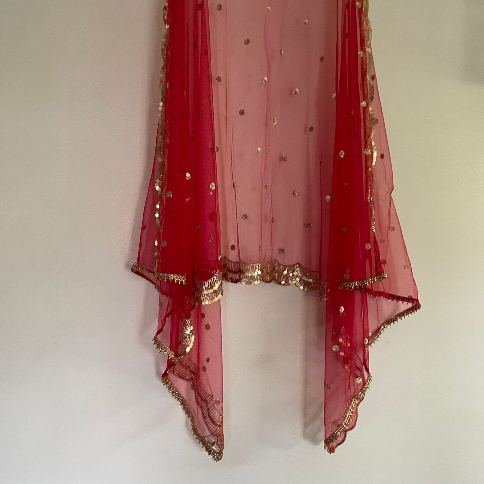 Red dupatta. Indian designer dupatta veil for wedding. Bridal red dupatta in net with sequin scallop border - Neel Creations By Saanvi