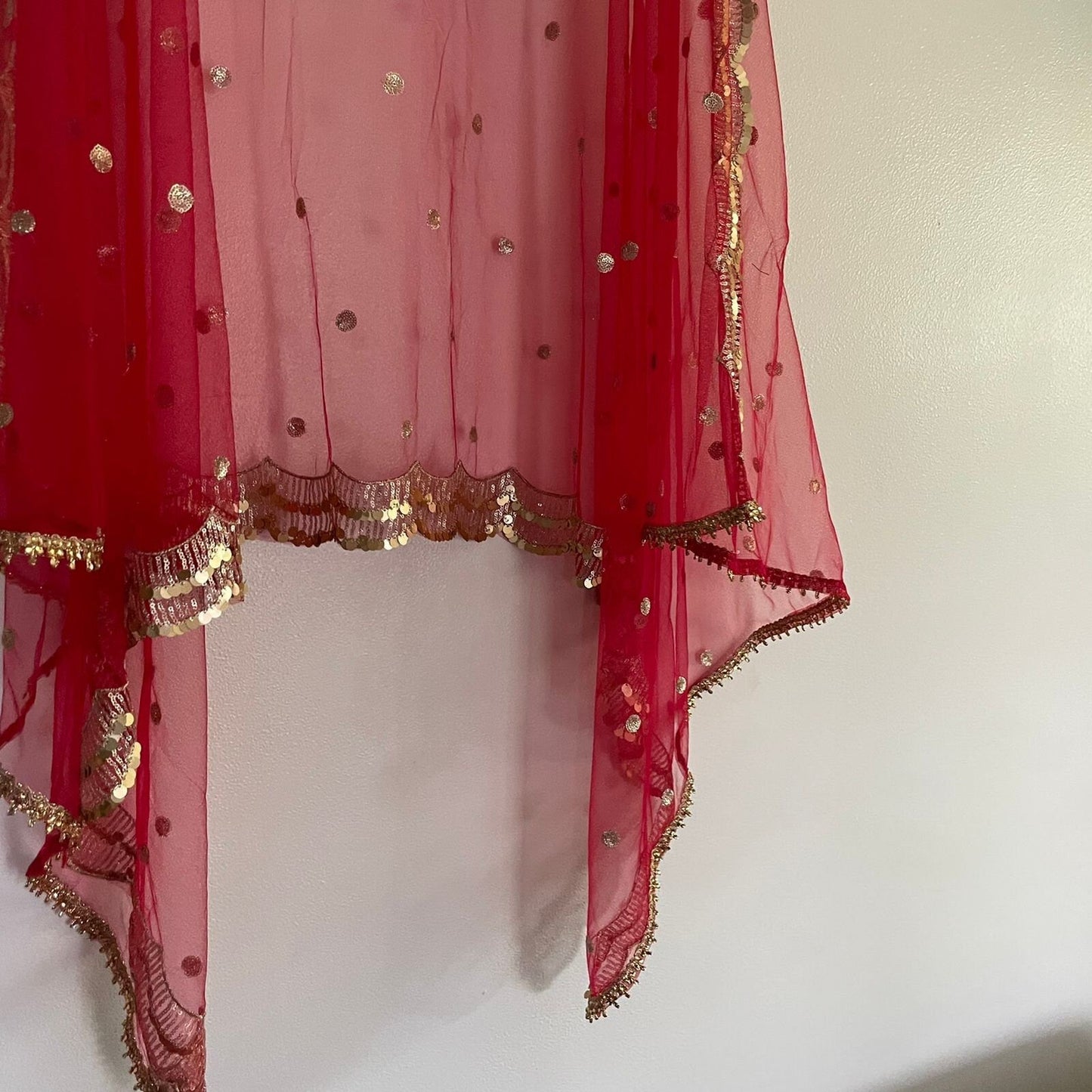 Red dupatta. Indian designer dupatta veil for wedding. Bridal red dupatta in net with sequin scallop border - Neel Creations By Saanvi