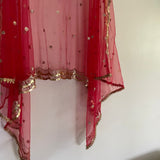 Red dupatta. Indian designer dupatta veil for wedding. Bridal red dupatta in net with sequin scallop border - Neel Creations By Saanvi