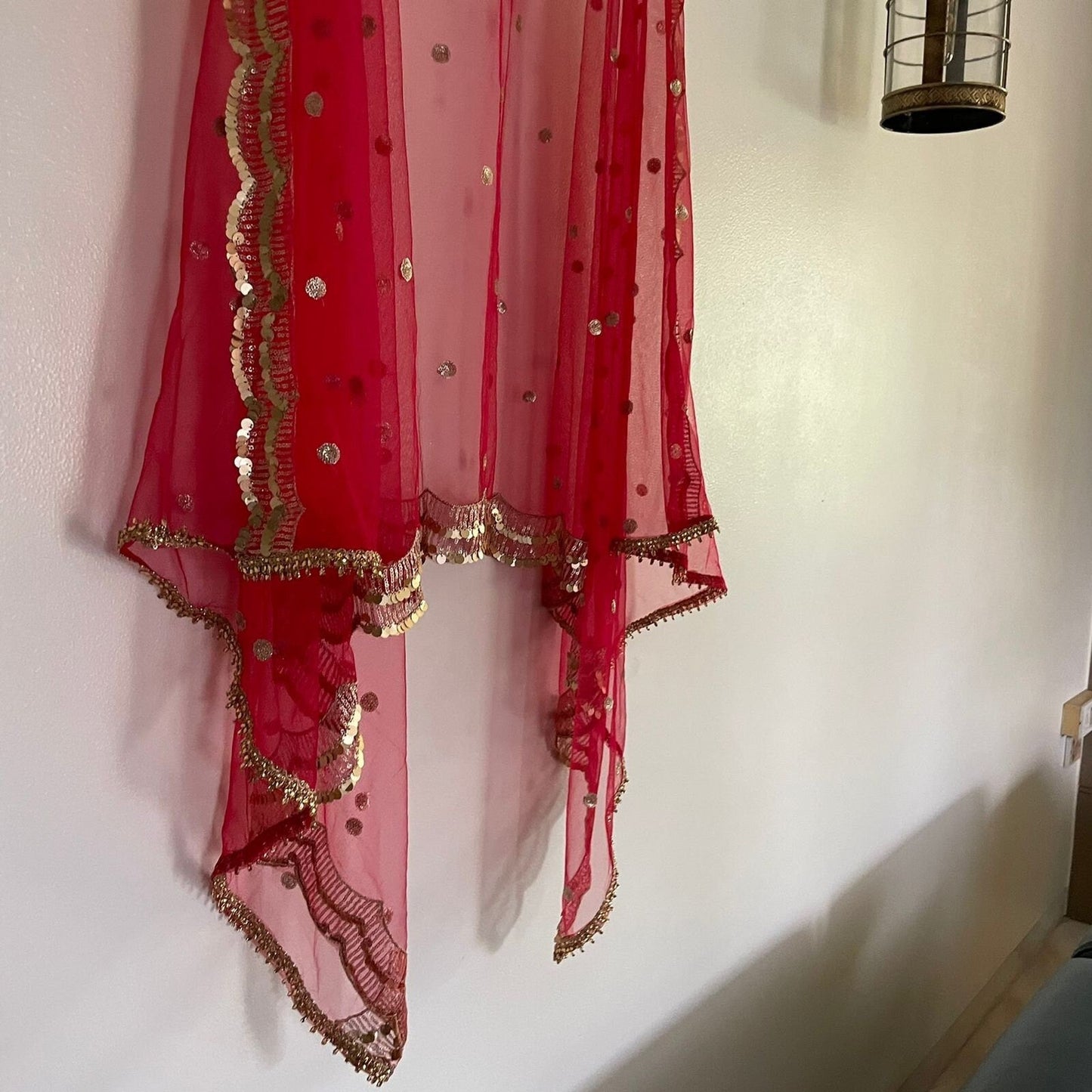 Red dupatta. Indian designer dupatta veil for wedding. Bridal red dupatta in net with sequin scallop border - Neel Creations By Saanvi