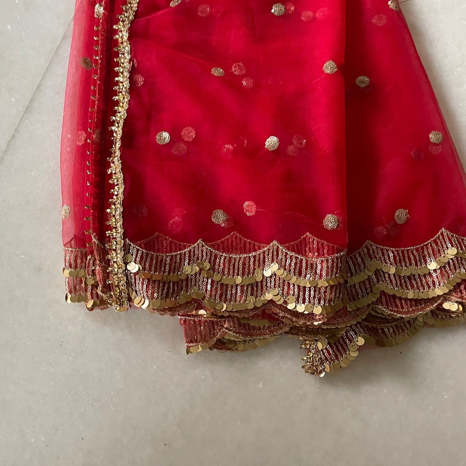 Red dupatta. Indian designer dupatta veil for wedding. Bridal red dupatta in net with sequin scallop border - Neel Creations By Saanvi