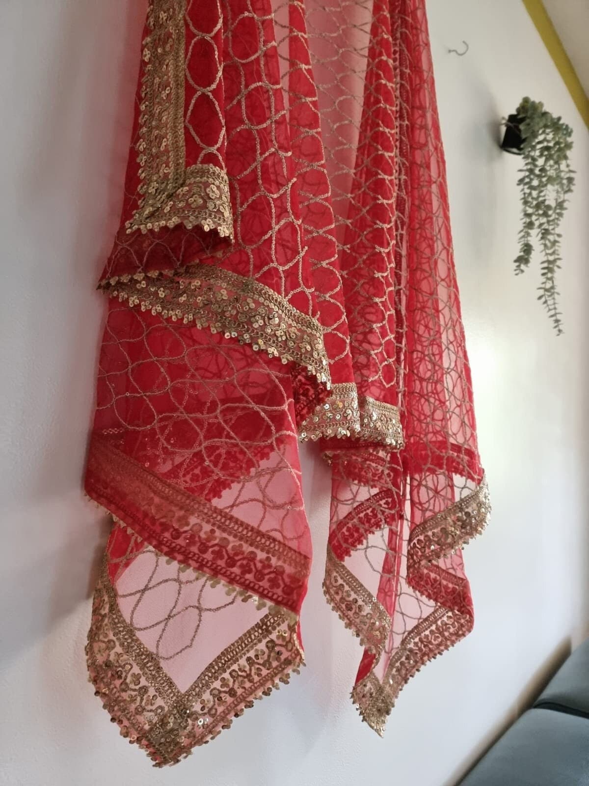Red dupatta with sequin border for women. Indian dupatta wedding veil. - Neel Creations By Saanvi