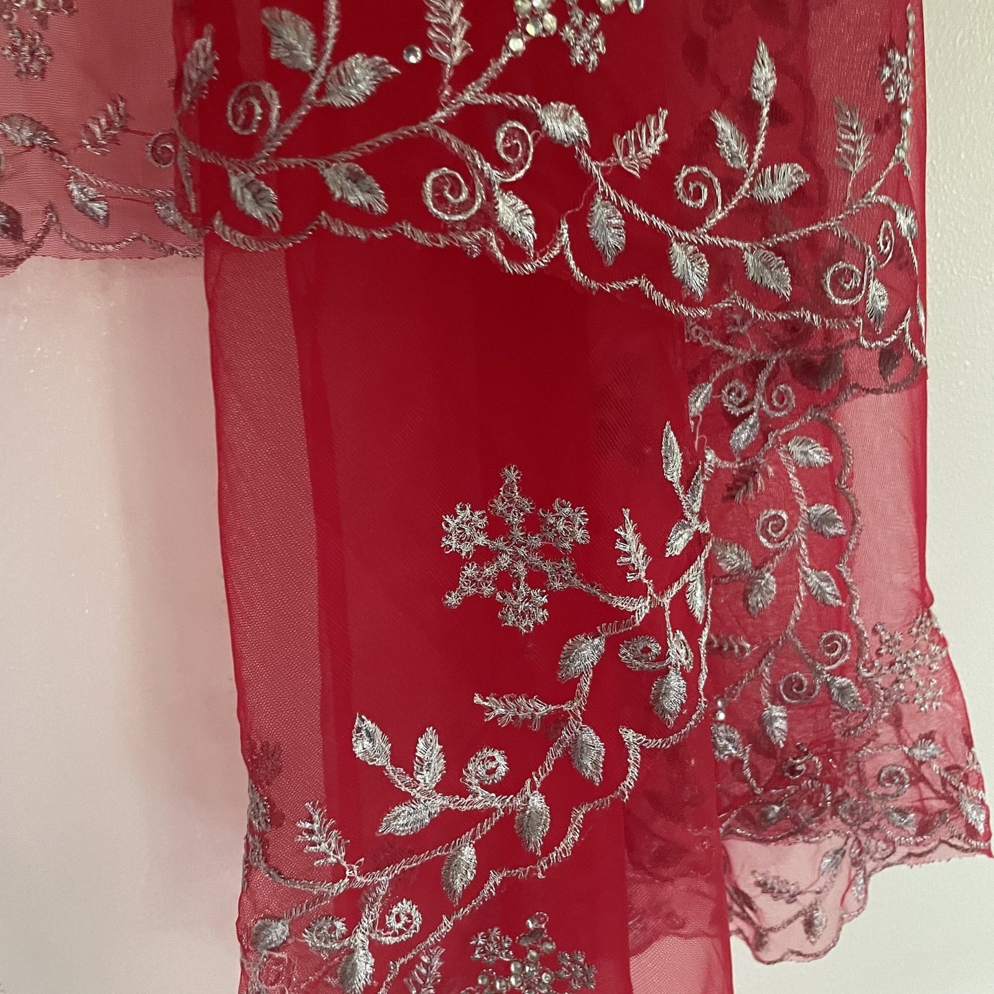 Red net dupatta with silver embroidery for women. Designer Indian wedding bridal dupatta - Neel Creations By Saanvi