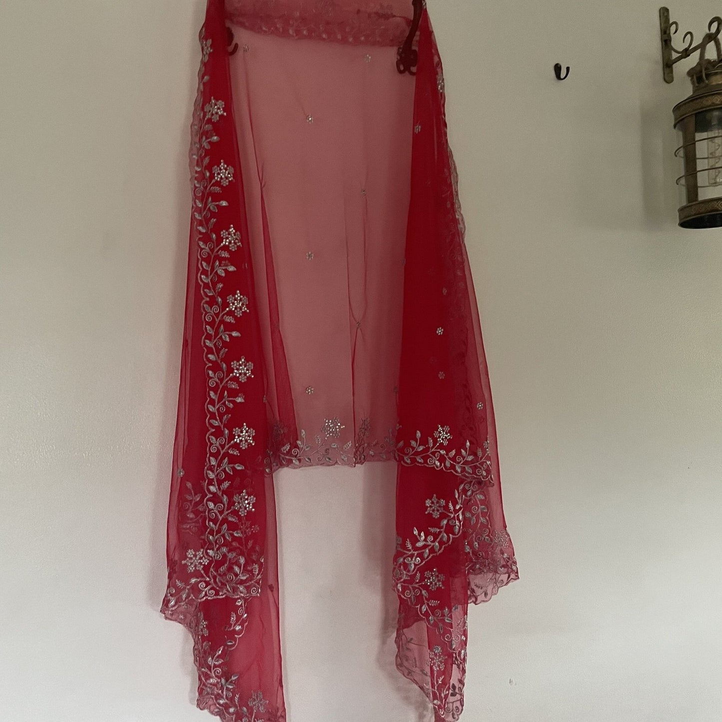 Red net dupatta with silver embroidery for women. Designer Indian wedding bridal dupatta - Neel Creations By Saanvi