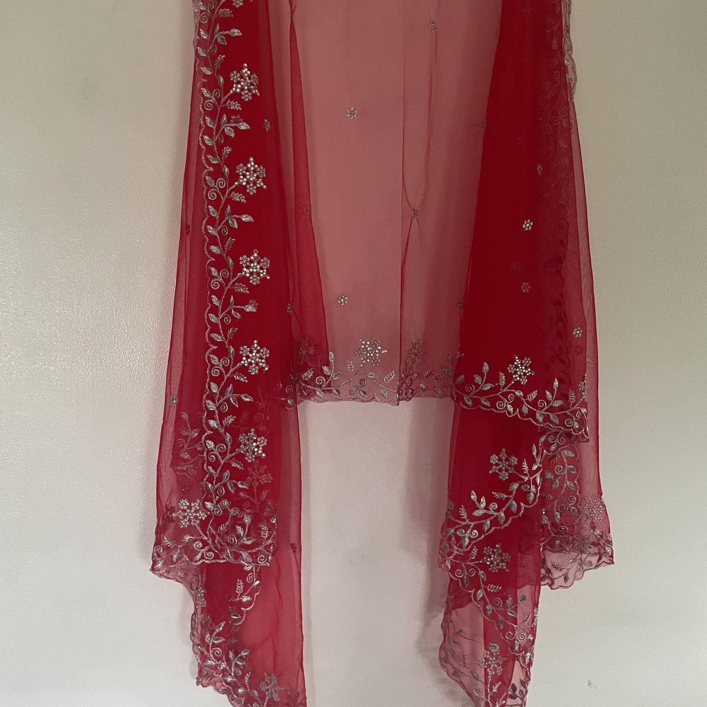 Red net dupatta with silver embroidery for women. Designer Indian wedding bridal dupatta - Neel Creations By Saanvi