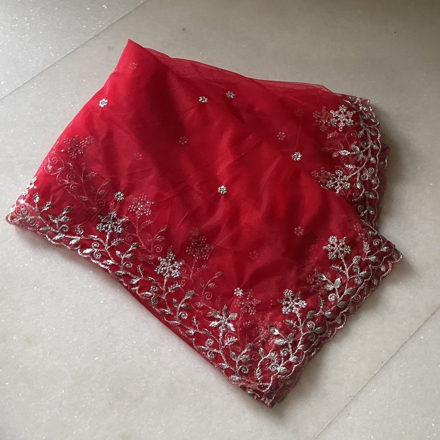 Red net dupatta with silver embroidery for women. Designer Indian wedding bridal dupatta - Neel Creations By Saanvi