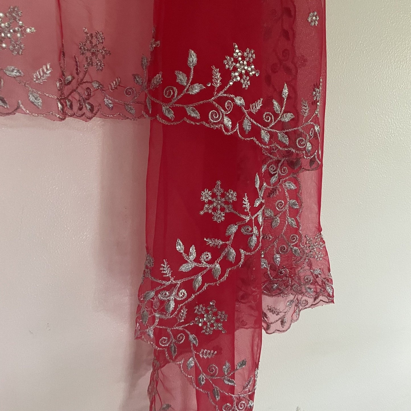 Red net dupatta with silver embroidery for women. Designer Indian wedding bridal dupatta - Neel Creations By Saanvi