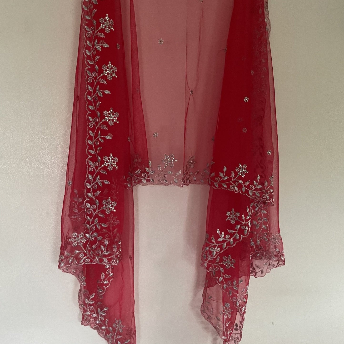 Red net dupatta with silver embroidery for women. Designer Indian wedding bridal dupatta - Neel Creations By Saanvi