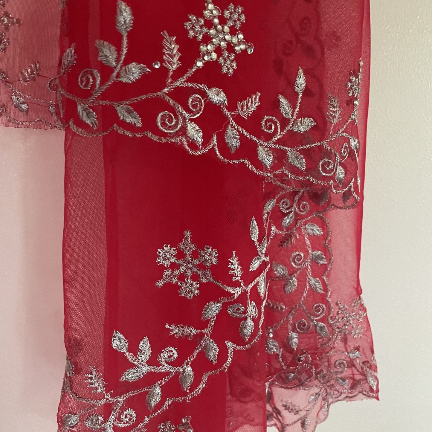 Red net dupatta with silver embroidery for women. Designer Indian wedding bridal dupatta - Neel Creations By Saanvi