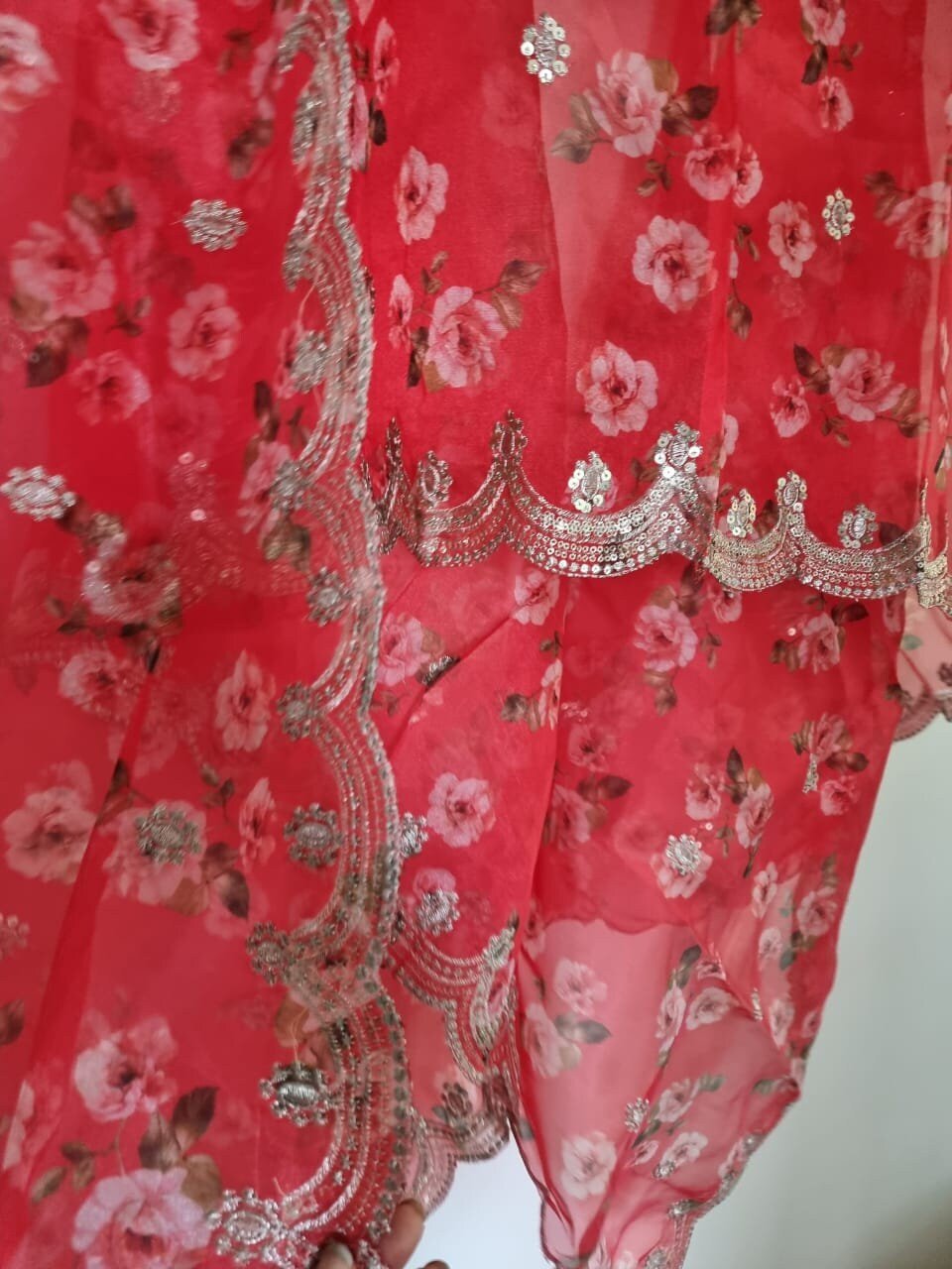 Red organza floral dupatta. Indian long ethnic dupattas for women - Neel Creations By Saanvi
